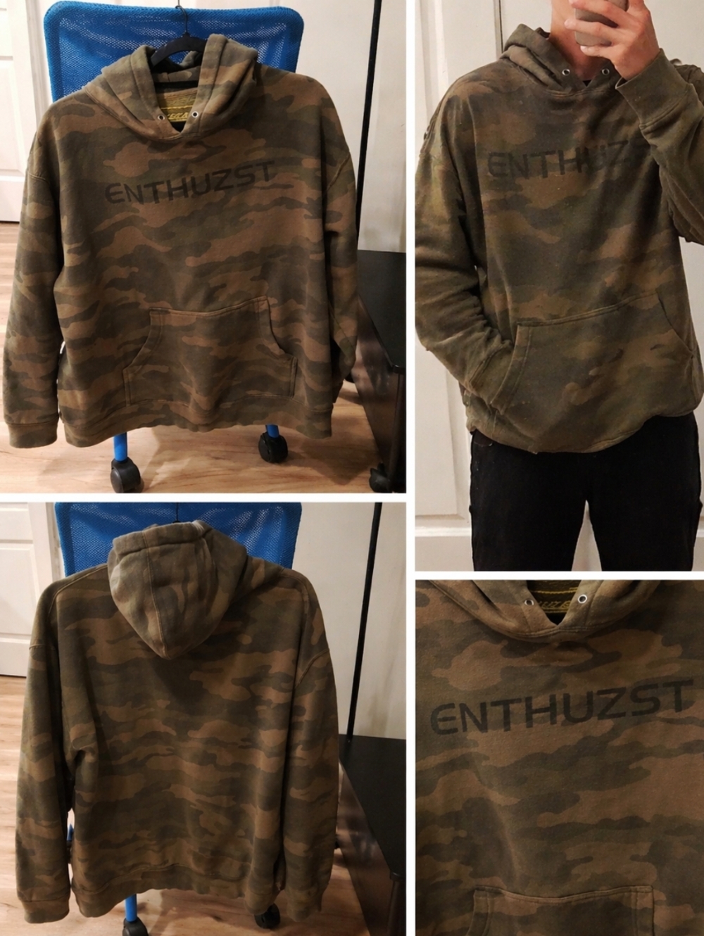 Camo Hoodie Minimal Logo Streetwear Pullover ENT HUZST Distressed Detail Men’s